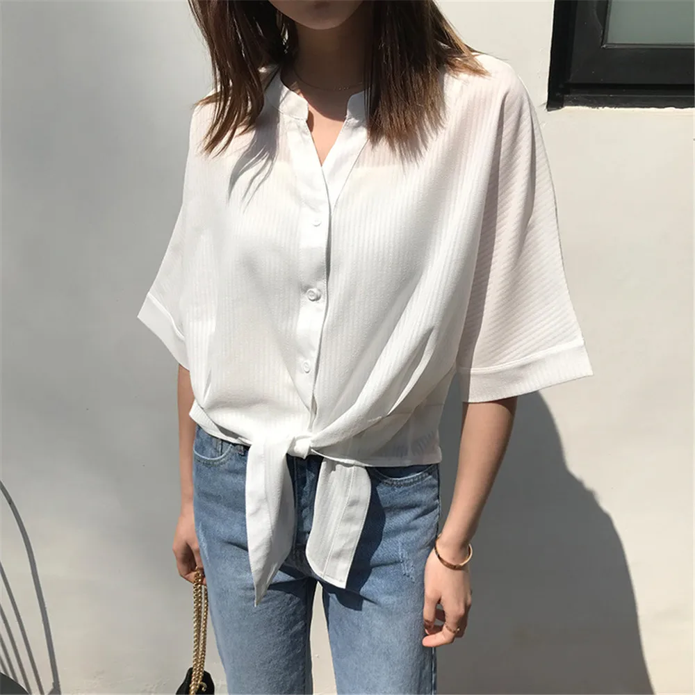 Short Style Loose Chest Women Blouse Shirt 2018 Summer V Neck Casual Short Shirt Chiffon Half Sleeve Dating Blouse campus Shirt (30)