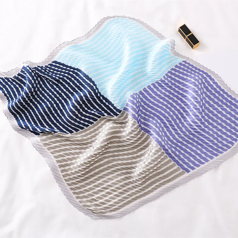 

Women's Small Silk Square Scarf Crinkle Hair Scarfs for Ladies Pleated Scarves Printed Female Plaid Bandana Neckerchief 100*30CM