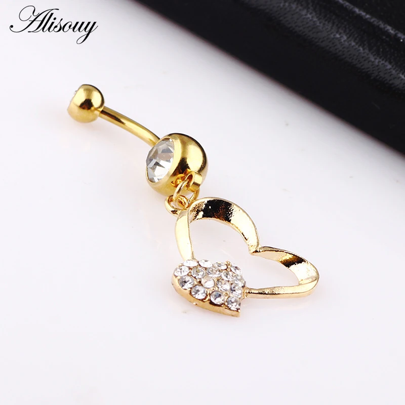 Love Heart Belly Button Rings Bar Gold Color Surgical Steel Navel Piercing Sexy Body Jewelry for Women CZ Navel Piercing rings