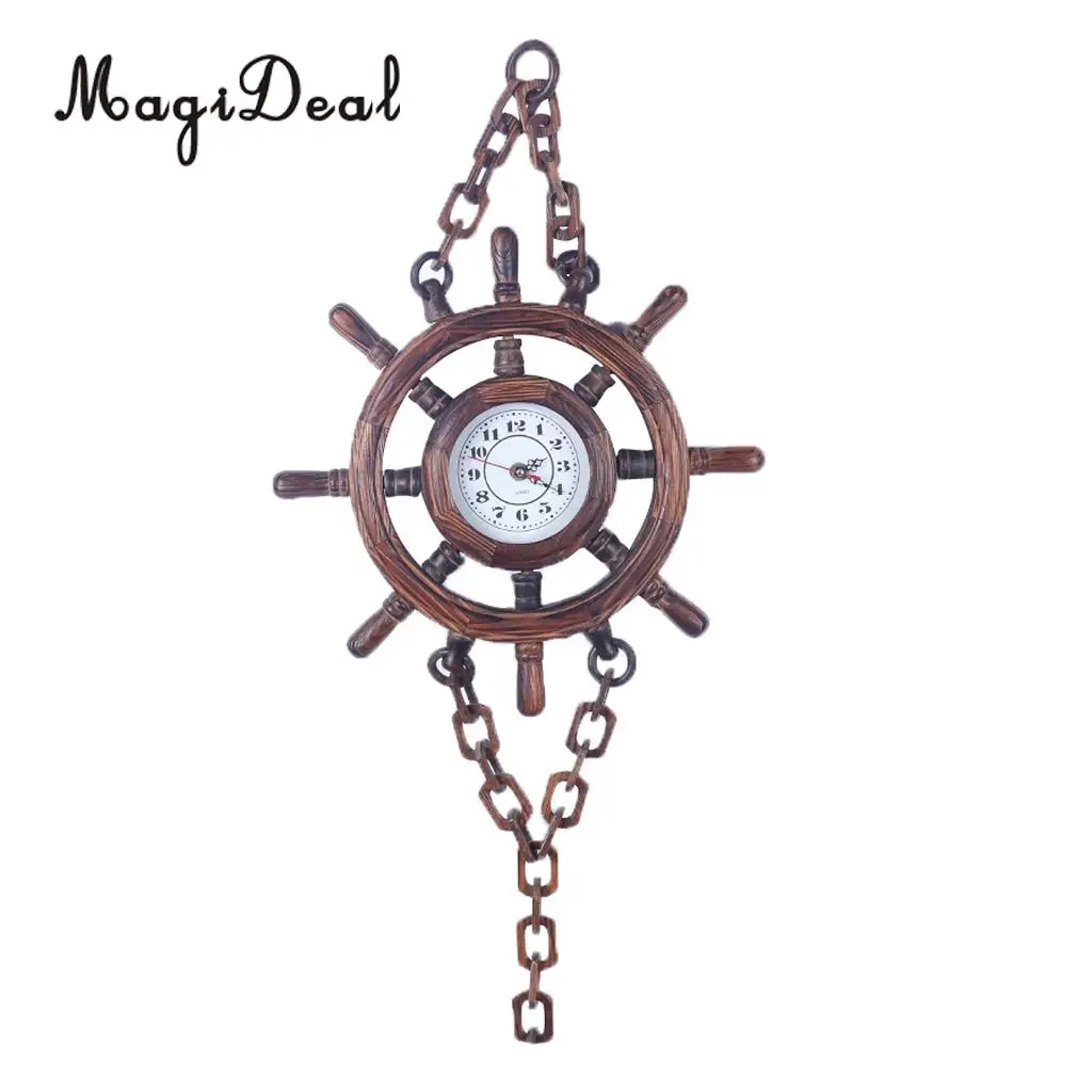 Mediterranean Nautical Style Wood Ship Steering Wheel Wall Clock