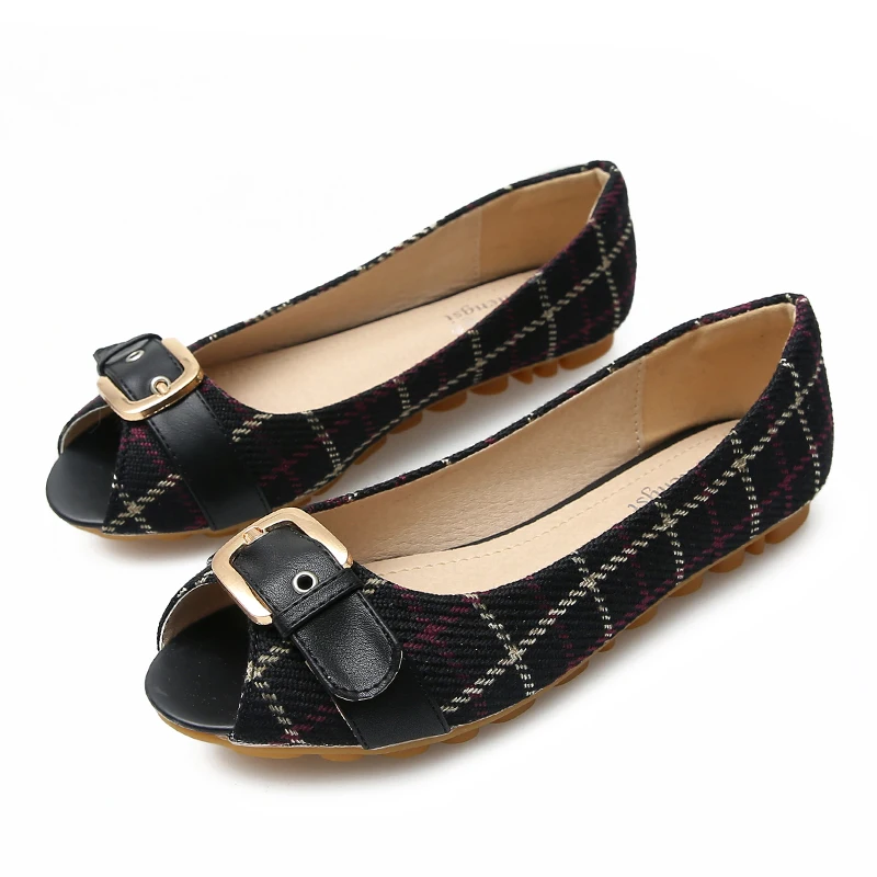 

Korea Spring New Single Shoes Comfortable Pregnant Women Flat Shoes Metal Buckle Plaid Large Size Women's Shoes YX0028