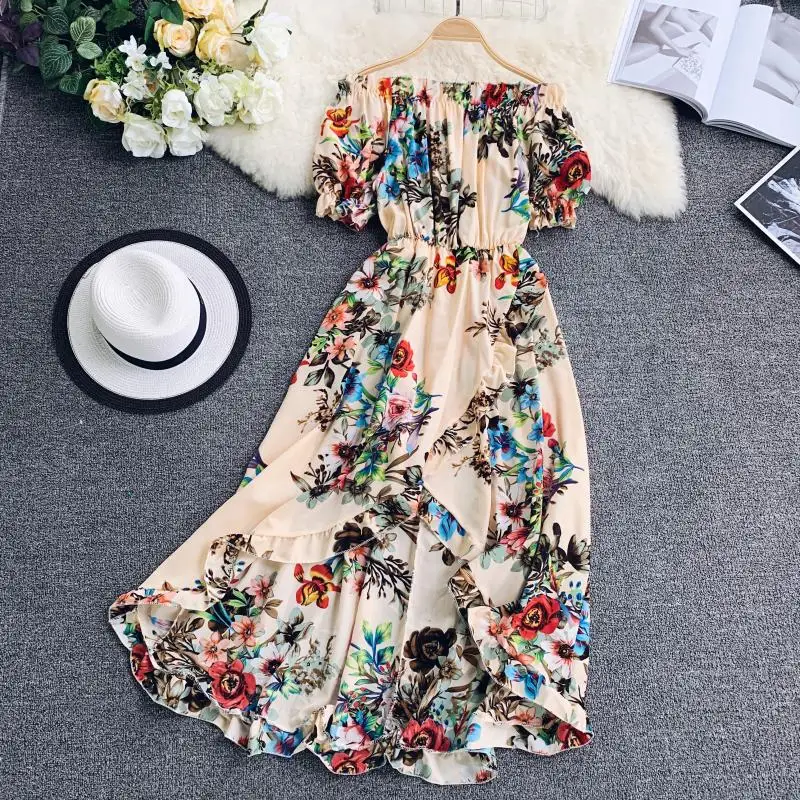 

2019 summer new female slash neck flower printing elastic waist ruffles irregular Chiffon dress women's elegant Beach Dresses