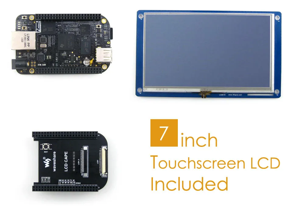 

BB Black (BeagleBone Black) Package D ARM Cortex A8 1GHz 512MB DDR3 Support Linux + LCD Cape + 7inch Resistive Touch LCD