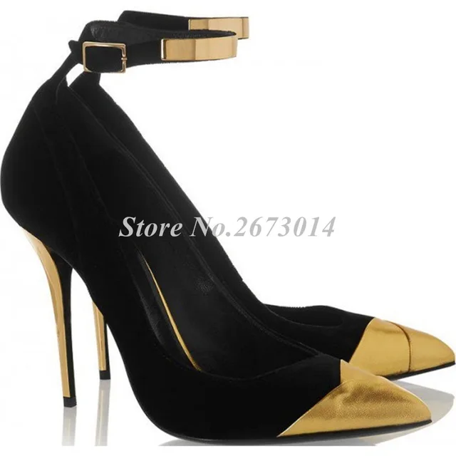black heels with gold ankle strap