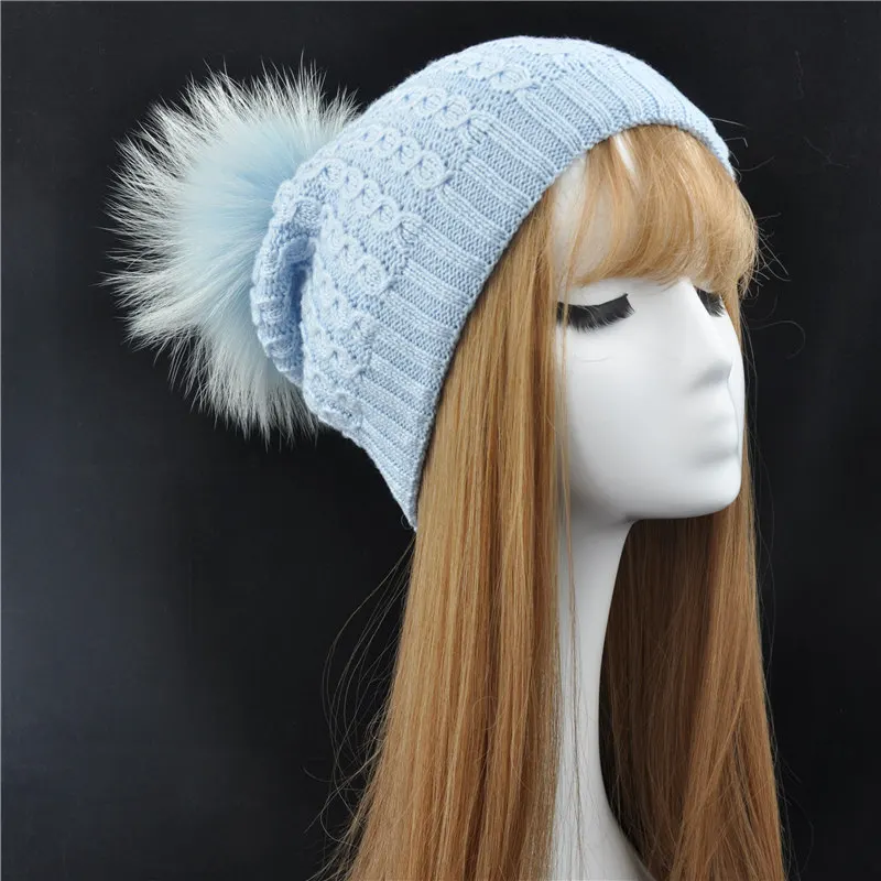 

Winter Real Fur Pom Pom Beanie Hat for Women Big Natural Raccoon Fur Ball Cap Warm Lining Skullies Beanies Hat With Fur Pom Pom