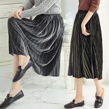 Новинка года цвета металлик плиссированные юбки Для женщин Высокая Талия бархатные длинные юбки Винтаж Для женщин большой качели Юбка Saia Fenimias Falda