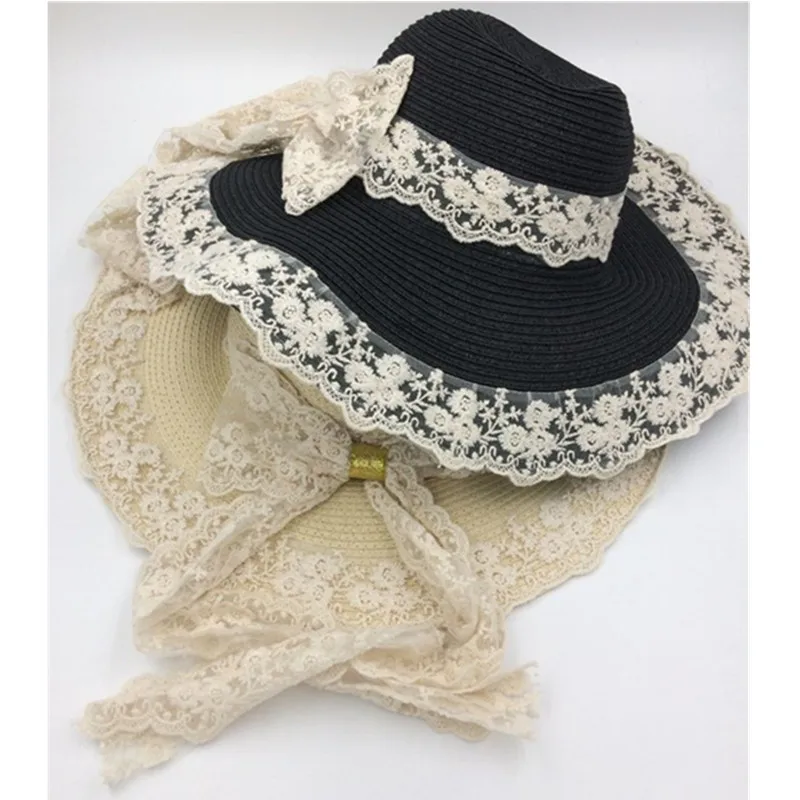 

New Summer Women Floppy Straw Sun Hat With Lace Bow Wide Large Brim Lace Edge Caps Fashion Beach UV Protection Hats