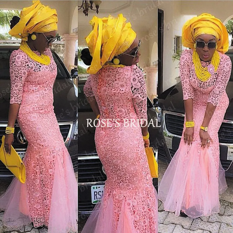 Robe de soirée africaine 2016 pas cher rose dentelle robes de soirée à manches longues élégant