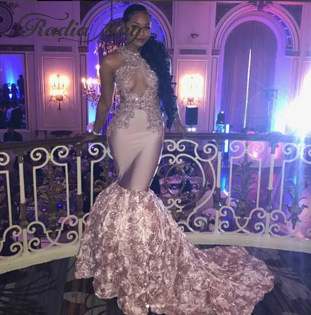

Dusty Pink Halter Keyhole Black Girls Mermaid Prom Dresses 2019 Long 3D Flower Train African Formal Party Gowns Celebrity Dress