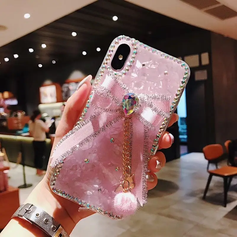 

XSMYiss For Samsung galaxy S7 edge S8 S9 plus note 8 Cute Girl rhinestone bling bow pompom shell phone case