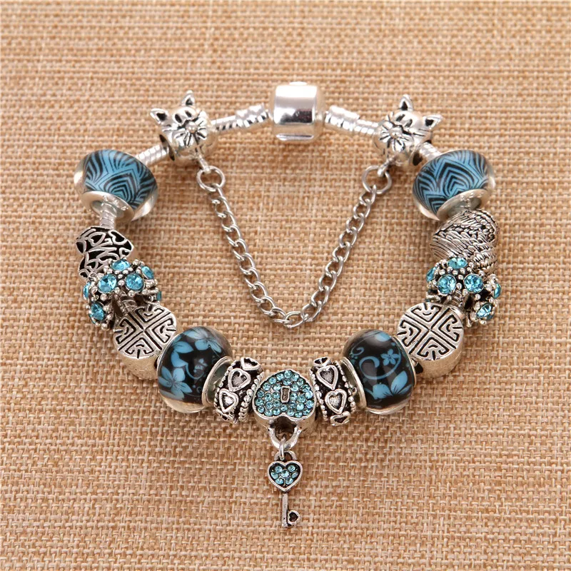 

2019 new Heart Key Pendant Blue Crystal Zircon Charms DIY Fashion Cute Elegant Charm Pandora Bracelets & Bangles For Women Gift