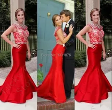 2016 Sexy Red Mermaid Abendkleid Scoop Kristall Kappe Elegant lange Abendkleider Vestido De Festa Longo Frauen Formale Hochzeit Party