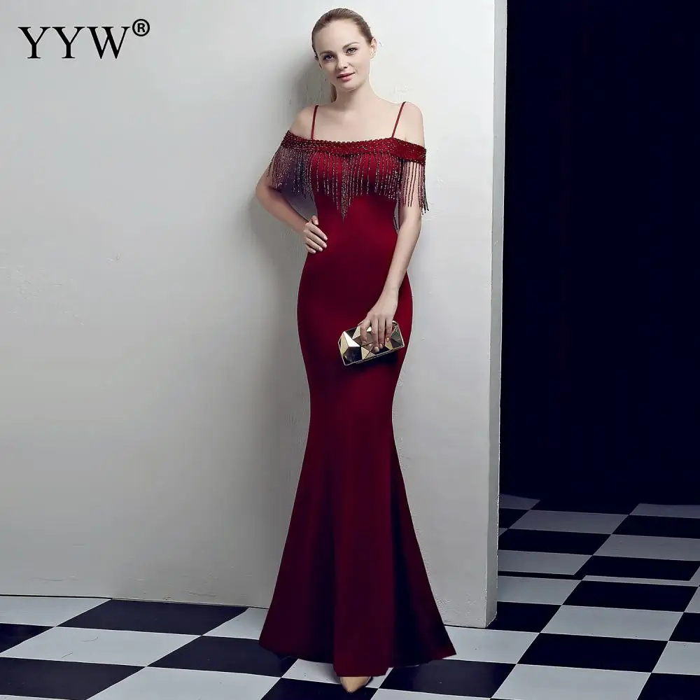 

Red Beading Tassel Long Prom Mermaid Dress Summer Women Off Shoulder Formal Gowns Spaghetti Strap Elegant Slim Club Party Dress