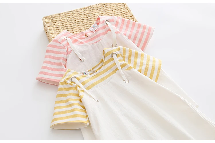 2018 Summer Little Kids Children Short Sleeve Striped Fake Two Pcs Suspenders Dresses For Girls of 2 4 6 8 10 12 Years old (8)