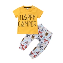 Повседневные топы для маленьких мальчиков с надписью «happy camper», футболка+ штаны с принтом с героями мультфильмов, комплект одежды из 2 предметов, детская одежда