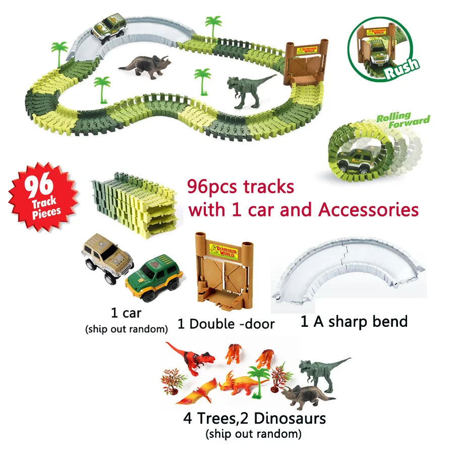 Создание дорожного динозавра и солдат Гоночная машина трек поезд игрушки, гибкие треки игровой набор с гоночными автомобилями и аксессуарами для детей - Цвет: 96pcs tracks set