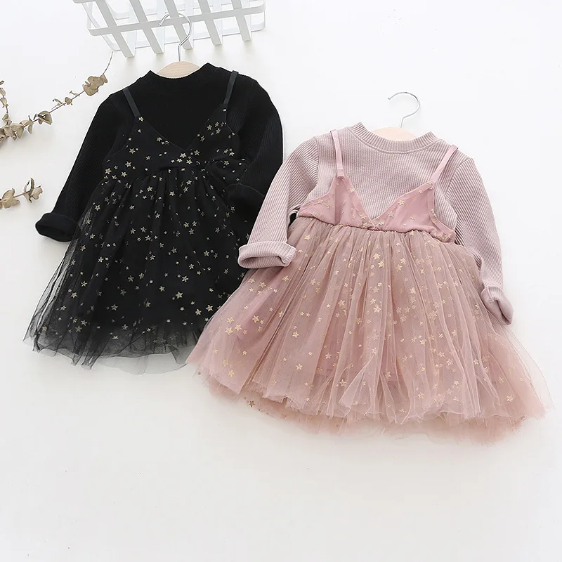 Весеннее праздничное платье принцессы для маленьких девочек, детское платье из вуали с принтом звезд, вязаный шарик, детская одежда, Vestido