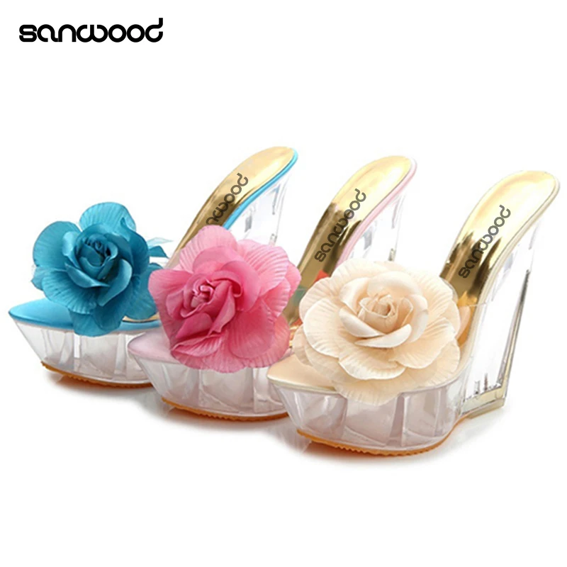 

New Trendy Women's Open Toes Sandals Clear Wedges High Heels Shoes Flower Slippers Pumps