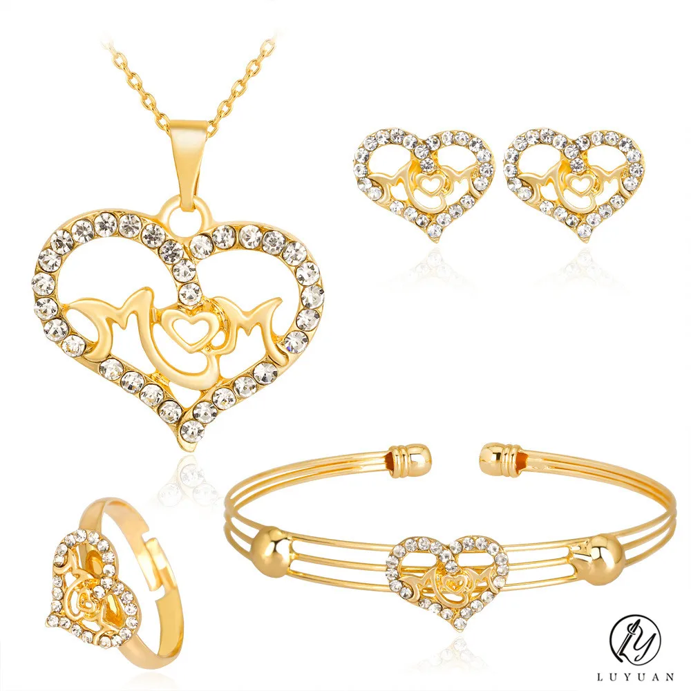 Fashion Gold Color Heart Pendant Kids Jewelry Set Crystal Necklace