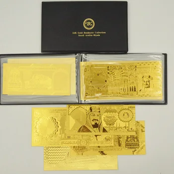 

5pcs Saudi Arabia Currency Collection Metal Gold Foil Banknotes Saudi Riyal 20,50,100,200,500 With Leather Album&Certificate