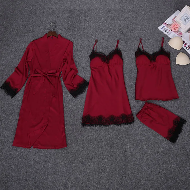 

Ladies Sexy Silk Satin Sleepwear Set Lace Robe+Nightdress+Top+Pant 4 Pieces Fashon Pajama Set Nightwear Homewear For Women