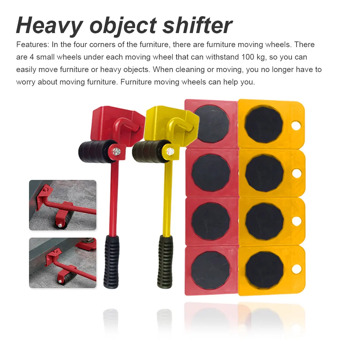 

Tool Furniture Moving Transport Set 4 Mover Roller+1 Wheel Bar Furniture Transport Lifter Household Hand Tool Set