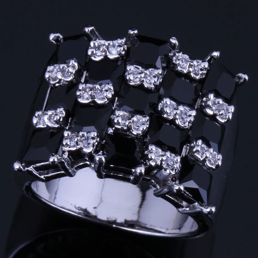 

Lovely Square Black Cubic Zirconia White CZ Silver Plated Ring V0578