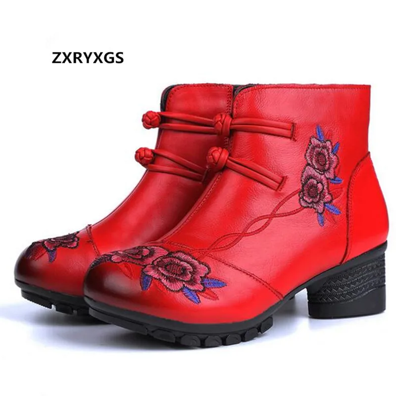 

ZXRYXGS Brand Shoes Woman Booties 2018 New Autumn Winter Embroidered Genuine Leather Boots Thick with Fashion Shoes Women Boots