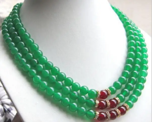 

Triple strands AAA 8MM GREEN + RED JADE NECKLACE18 INCH 925silver Gold Clasp