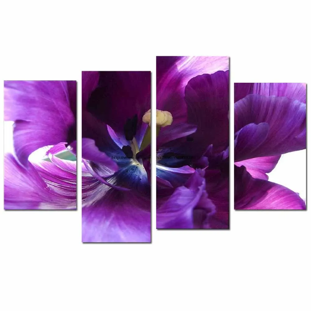 Modern Flower Art 100%Handmade Four Panels Purple Flower Canvas Oil