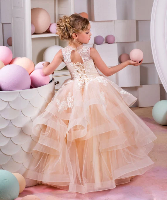Великолепное бальное платье цвета шампанского; Пышное фатиновое платье с цветочным узором для девочек; кружевное платье с аппликацией и оборками; Многоуровневое детское торжественное платье для первого причастия