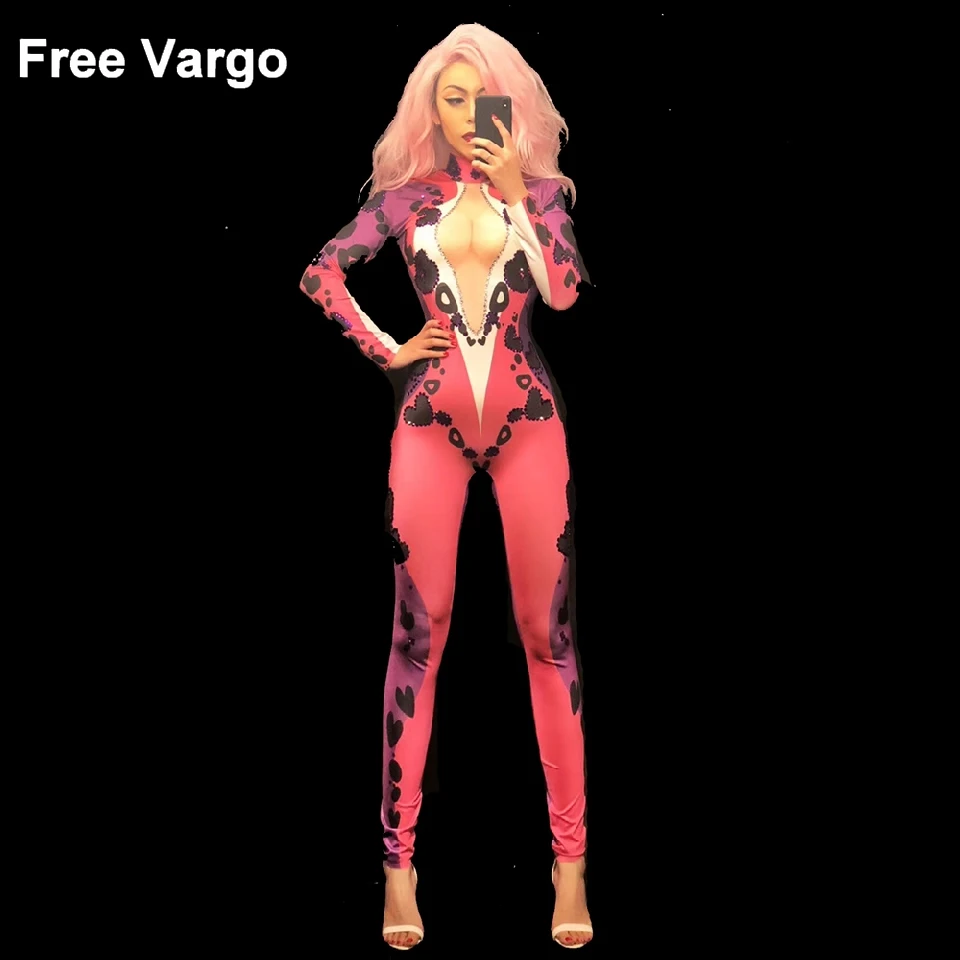 Women Red Jumpsuit 3D Printed Black Flowers Bling Crystals Bodysuit Nightclub Party Stage Wear Performance Costumes Women Red Jumpsuit 3D Printed Black Flowers Bling Crystals Bodysuit Nightclub Party Stage Wear Performance Costumes