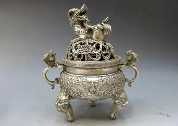 

7" China silver handwork carved fine censer Foo Dogs lion incense burner Statue