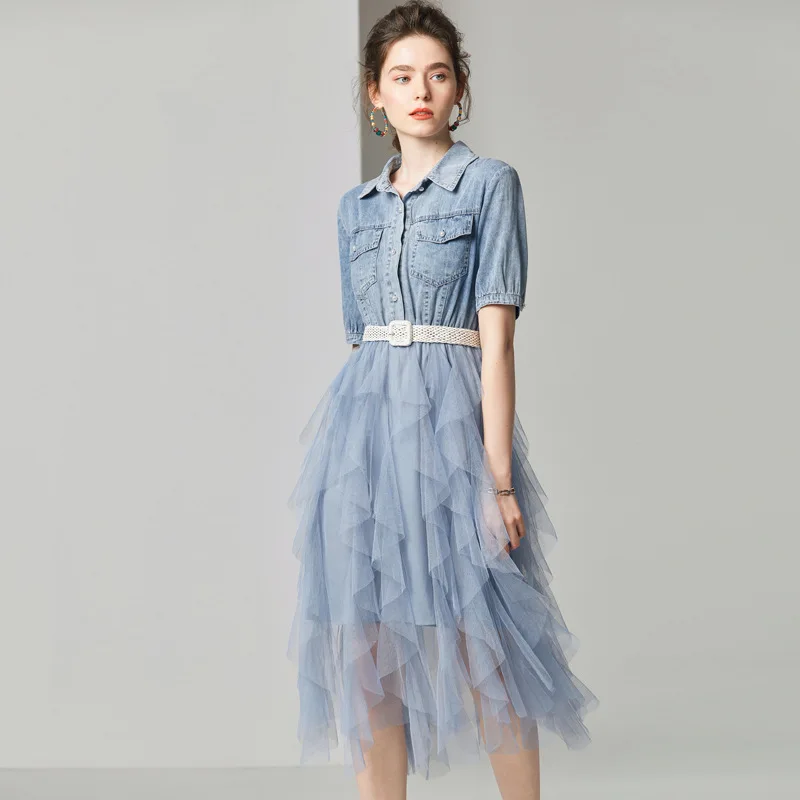 

Summer Dress 2019 Women's New Fashion Turn Down Collar Short Sleeved Denim Patchwork Mesh Slim Belted Casual Dresses Midi S-XL