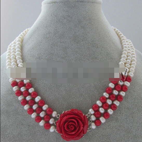 

Jew2722 17-19 " 3row 7-8mm natural white freshwater pearl & red coral necklace - flower