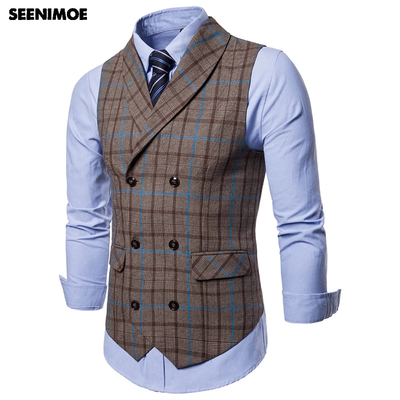 Seenimoe Mens Striped Plaid Formal Blazer Vests Casual Double Breasted ...