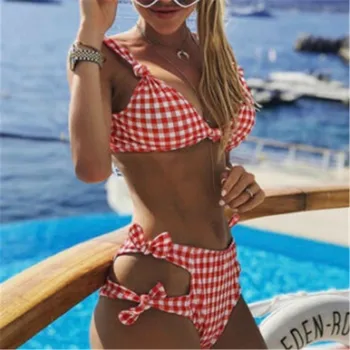 

Sexy High Waist Bikini Set Blue Red Plaid Swimwear Women Bow Knot Push Up Bikini 2019 Swimsuit Beachwear Female Swimming Suit B4