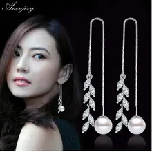 ANENJERY 925 en argent Sterling Zircon cubique feuilles boucles d'oreilles longue chaîne gland perle boucles d'oreilles S-E282
