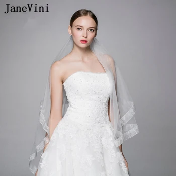 

JaneVini 2018 Simple White Short Wedding Veils One Layer Ribbon Edge Fingertip Length Veil Soft Tulle Women Wedding Accessories