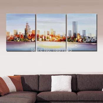 

Free Shipment Wall Art Abstract Building Oil Painting On Canvas Handmade 3 Piece/set Wall Pictures For Living Room Framework