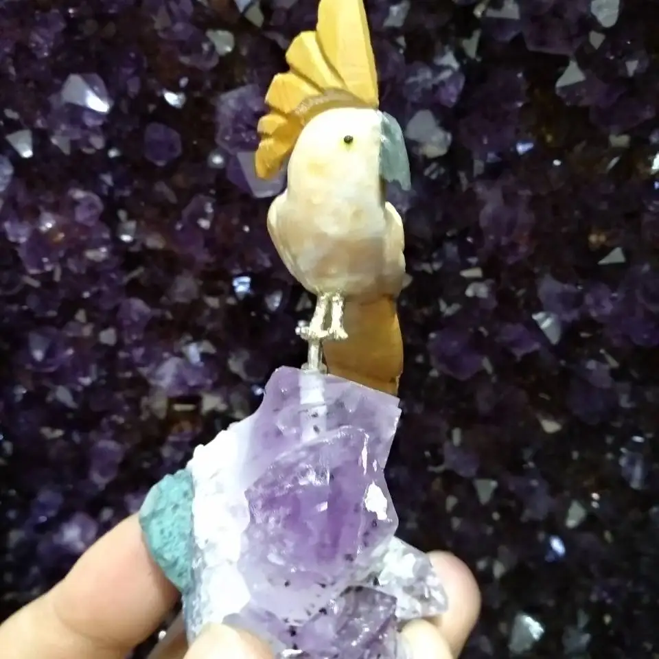 Natural gemstone crystal carved bird Figurine amethyst cluster Quartz Crystal Parrot for home decoration 4
