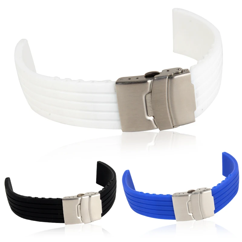 20mm 22mm reloj hombre Silicone Rubber Watch Strap Deployment Buckle Waterproof Band Sport Wrist Sweatband Watch Straps Band