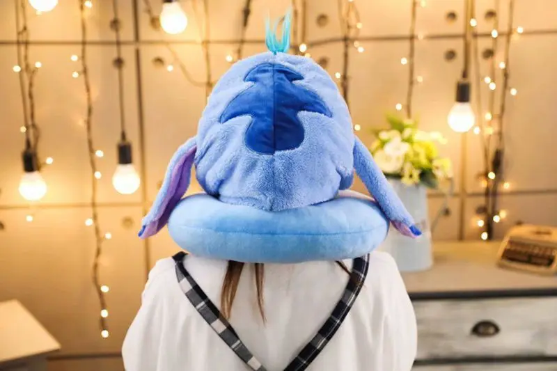 Disney Stitch plush doll car travel neck pillow hat u-shaped pillow office nap pillow portable aircraft sleep lady neck pillow