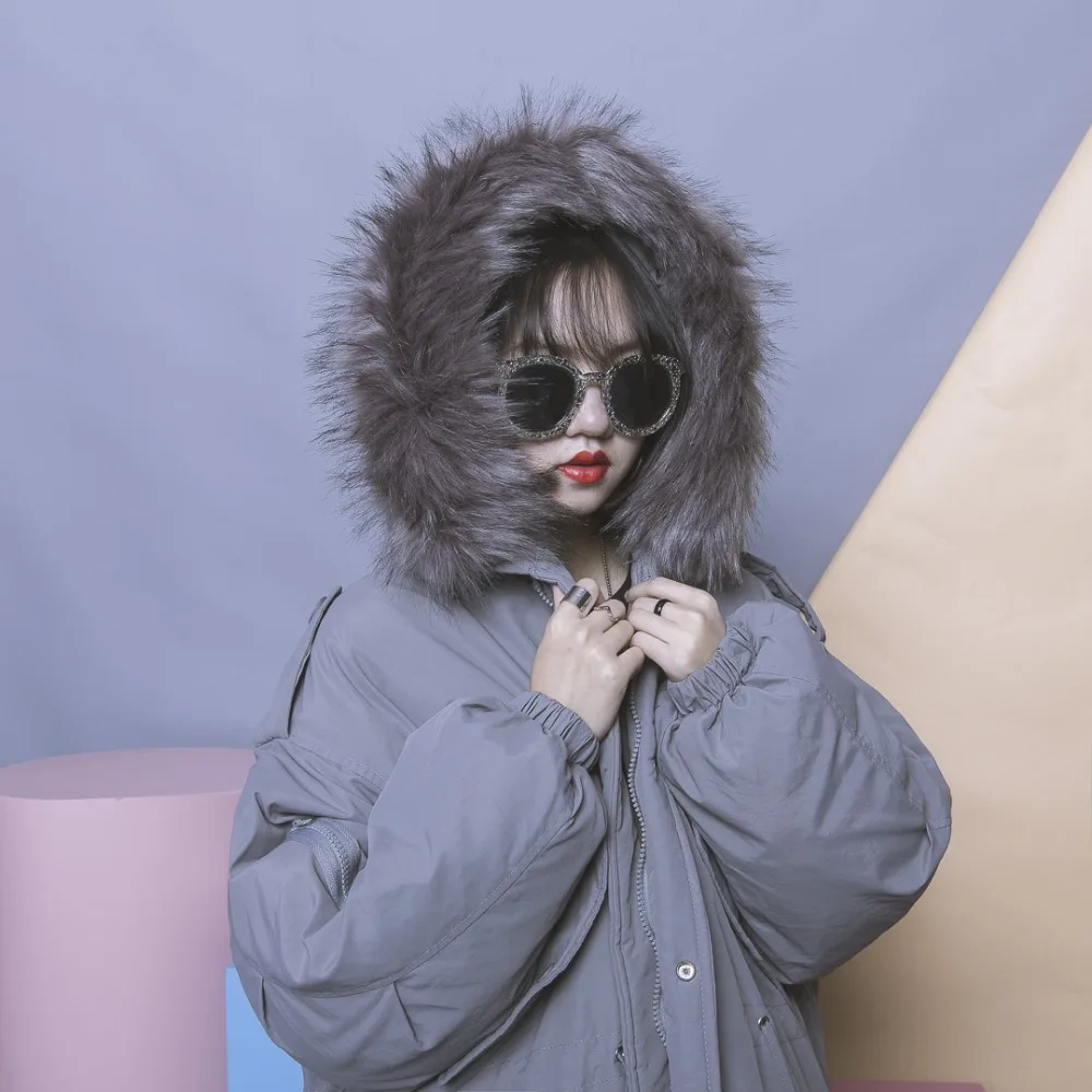 

2016 autumn and winter pure colorant match zipper pocket dovetail placketing drawstring fur collar loose wadded