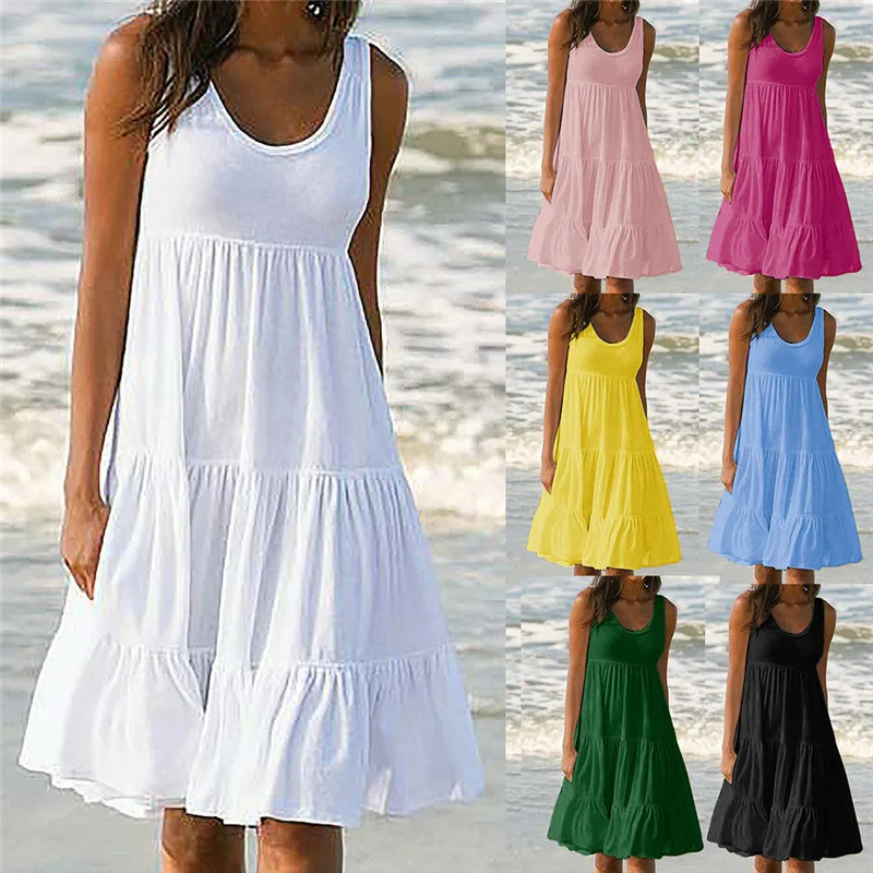 

Women Summer Knee-Length Dress Sleeveless Party Beach Dress Solid Loose Casual Dresses Plus Size White Dress 20