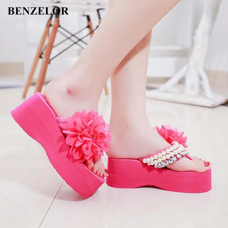 

BENZELOR 2018 Summer EVA Wedge Heels Slippers Women Shoes Lace String Bead Pearl Female Flip Flops Ladies Platform Thick Soled