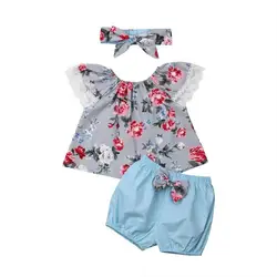 Детская летняя одежда для маленьких девочек, кружевная футболка с короткими рукавами и цветочным принтом, топ + шорты, штаны, летний костюм