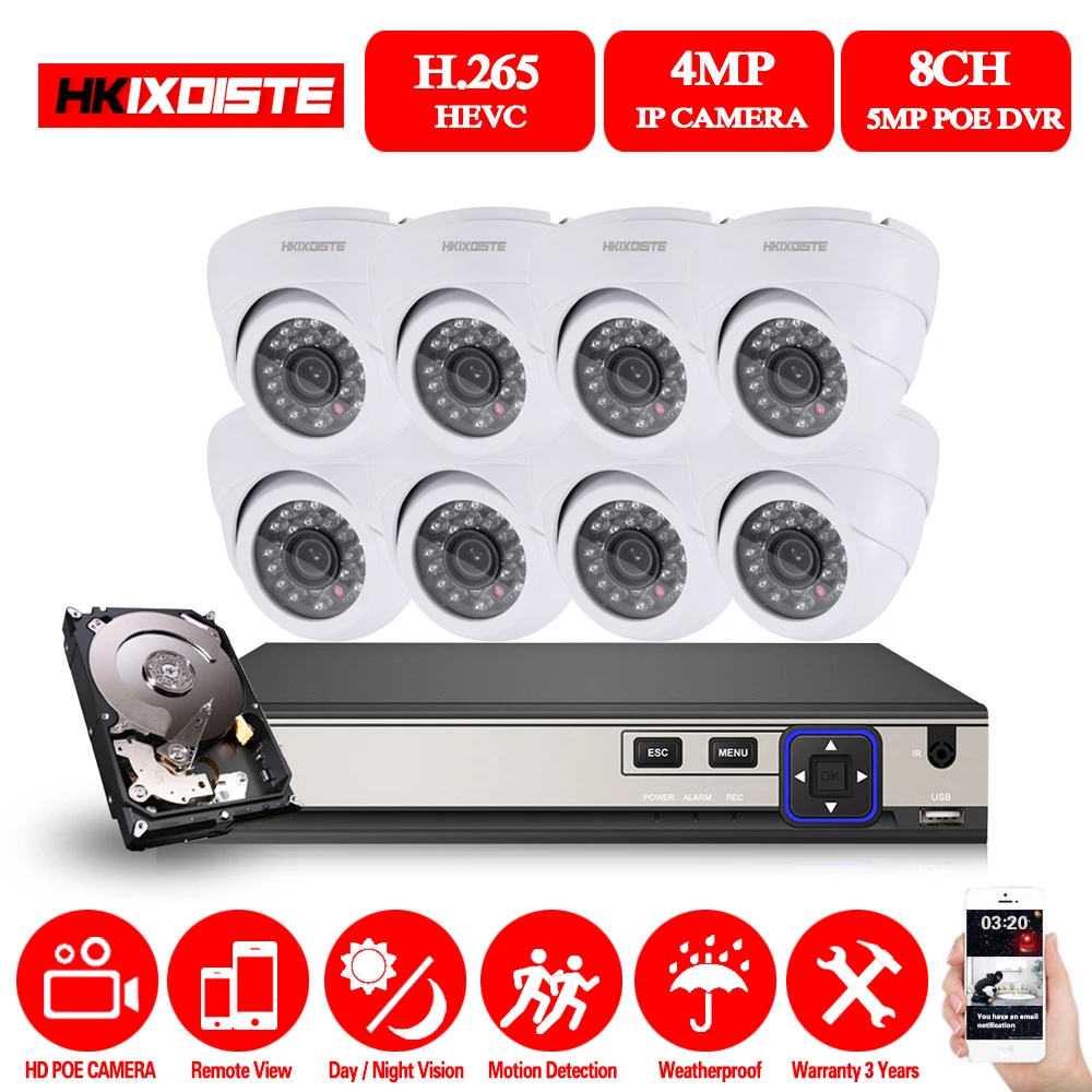 HKIXDISTE HD 8CH NVR 5.0MP POE CCTV камера система Комплект 4MP белая купольная IP Домашняя