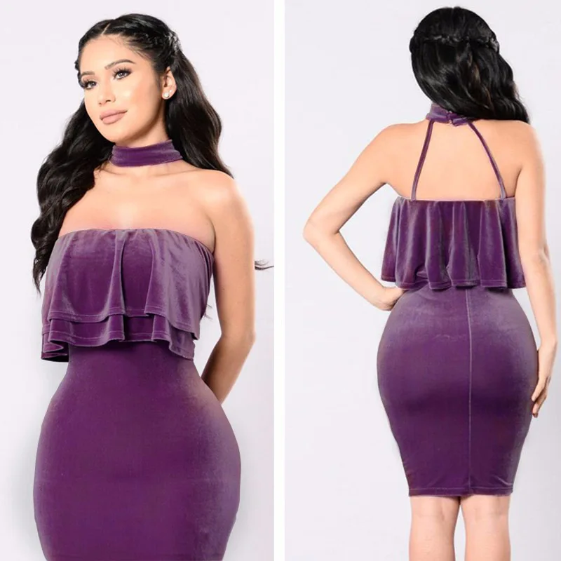 

Sexy Backless Dress Charm Women Bib Back Sling Pleated Ruffled Dress Bib Splicing Tube Top Womens Elegant Evening Night Dresses
