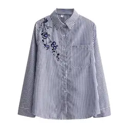 Poleras mujer Женская футболка с длинными рукавами и вышивкой в полоску, Корейская рубашка с принтом, Повседневная Свободная футболка